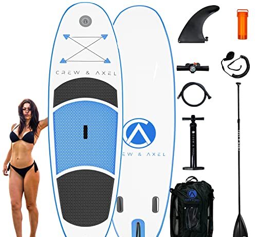Crew Axel Inflatable Stand Up Paddle Board (6” Inch Thick) Non Slip SUP W Premium Backpack, 3 Fins, Paddle, Pump, & Leash –Large (10’ x 30” x 6”) Light Weight (17lb) Wide Stance Kids & Adults (Blue)