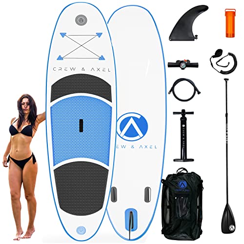 Crew Axel Inflatable Stand Up Paddle Board (6” Inch Thick) Non Slip SUP W Premium Backpack, 3 Fins, Paddle, Pump, & Leash –Large (10’ x 30” x 6”) Light Weight (17lb) Wide Stance Kids & Adults (Blue)