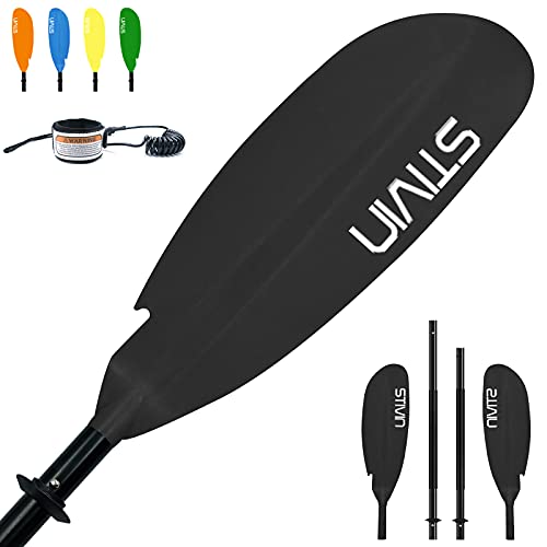STIVIN 4 Piece Kayak Paddle with Leash 91.7inch 233cm Aluminum Alloy Shaft PP Blade Non-Slip Hand Grip Adjustable Angle Drip Rings Floating Oars Paddles for Kayaking Fishing Canoeing Touring(Black)