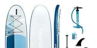 Boardworks Lūnr Inflatable Stand-Up Paddle Board (iSUP) | SUP Package Includes Three Piece Paddle, Carry Bag, Leash, Phone Case and Pump (SUP) Complete Kit | 10’5”, Blue/White
