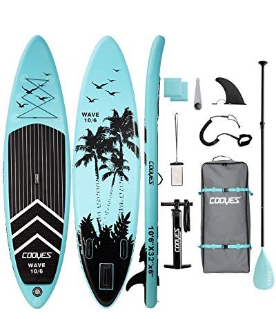 Cooyes Inflatable Stand Up Paddle Board 10.6 ft with Premium SUP Accessories and Backpack, Non Slip Deck, Waterproof Bag, Leash, Paddle and Hand Pump for Paddling and Surf Control