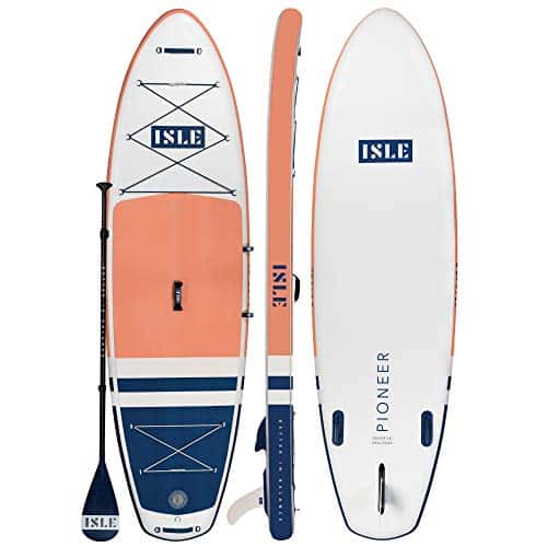 ISLE Pioneer Inflatable Stand Up Paddleboard & iSUP Bundle Accessories & Backpack — Wide Stance, Durable, Lightweight — 285 lbs Capacity (Coral Pink, 10'6
