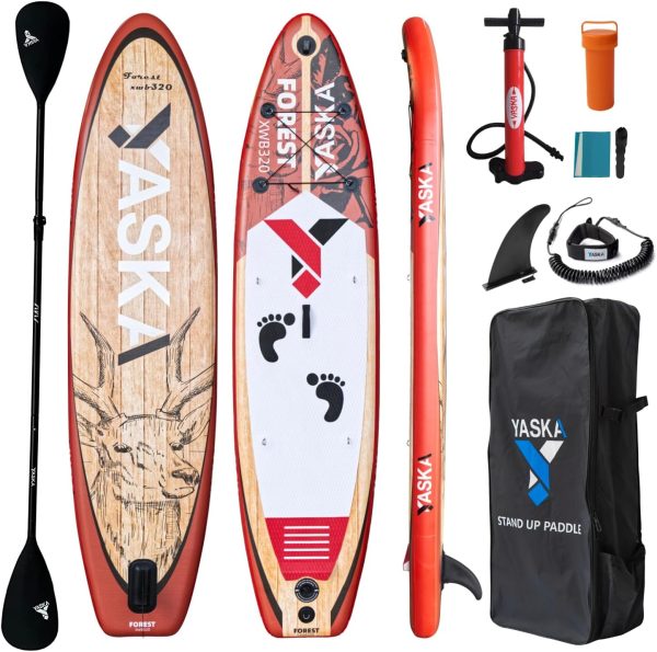 10.6ft Inflatable Stand Up Paddle Board- SUP Board for All Skill Levels with SUP Accessories Fiberglass Paddle,Fin, Leash, Double Action Pump and ISUP Travel Backpack for Youth Adult (red)…