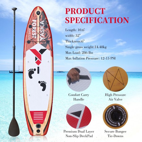 10.6ft Inflatable Stand Up Paddle Board- SUP Board for All Skill Levels with SUP Accessories Fiberglass Paddle,Fin, Leash, Double Action Pump and ISUP Travel Backpack for Youth Adult (red)…
