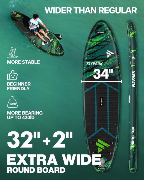 Flypark 11x34x6Inflatable Stand Up Paddle Boards, Extra Wide SUP Paddleboard Inflatable, Yoga Stand Up Paddle Board, 116L Backpack, 15 D-Rings, Shoulder Strap, 3 Removeable Fins, 2-Action Pump