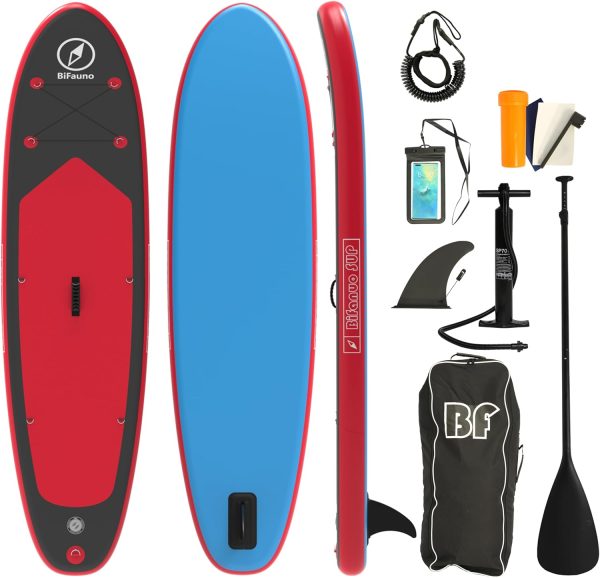 Bifanuo 10x30x6 Inflatable Stand Up Paddle Board with SUP Accessories Backpack. Non-Slip Deck,Wide Stance,Bottom Fin,Double Action Pump and Repair Kit.Youth Adult Standing Boat