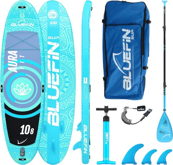 Bluefin SUP 10′8″ Aura FIT Stand Up Paddle Board Kit | 6 Thick | Fiberglass Paddle – Fitness Yoga Paddle Board | Water Aqua Fitness | All Accessories | 5 Year Warranty
