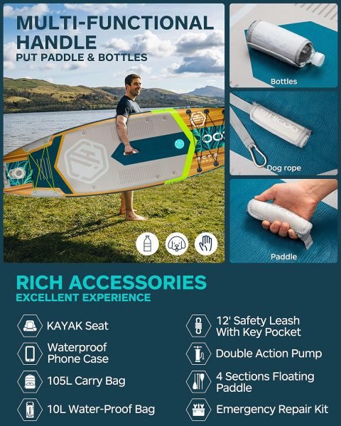 HICOO 11×34×6 Extra Wide Inflatable Paddle Board, Stand Up Paddle Board, Sup Board with 3 Removable Fins, 10L Waterproof Bag, 16 D-Rings, Backpack, Hand Pump, Floating Paddle, Safety Leash