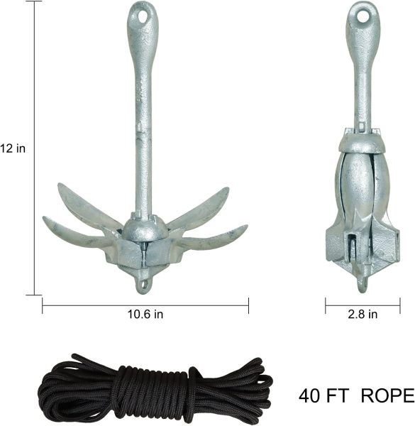 MorTime Grapnel Anchor Kit 3.5 lb Folding Anchor with 40ft Rope, Marine Anchor Accessories for Kayaks, Canoes, Paddle Boards