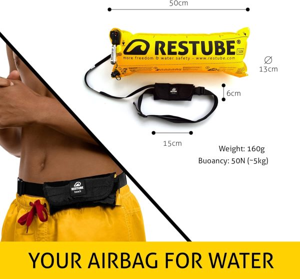 Restube Beach One-Pull Inflatable Water Safety Buoy | Float Buoyancy Aid for Swimming, Fishing, Sailing SUP | Compact One Size Fits All Survival Kickboard