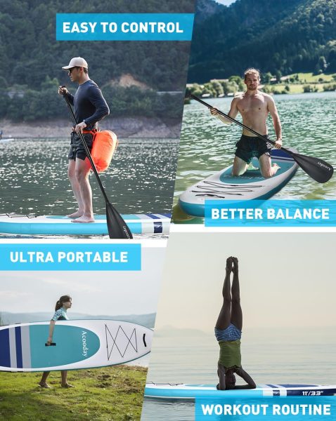 Acooday Paddle Boards for Adults - Inflatable Stand Up Paddleboard 11ft, Extra Wide Blow Up Paddle Board for Youth with Camera Mount, Yoga SUP Boards with Pump, Paddle, Backpack, Fins, Leash