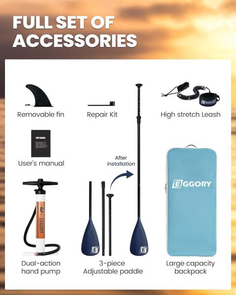 EGGORY Inflatable Paddle Board, 11x32/34 Stand Up Paddle Board, Sup Board with Removable Fin, Floating Paddle, Hand Pump, Waterproof Bag, Traveling Board
