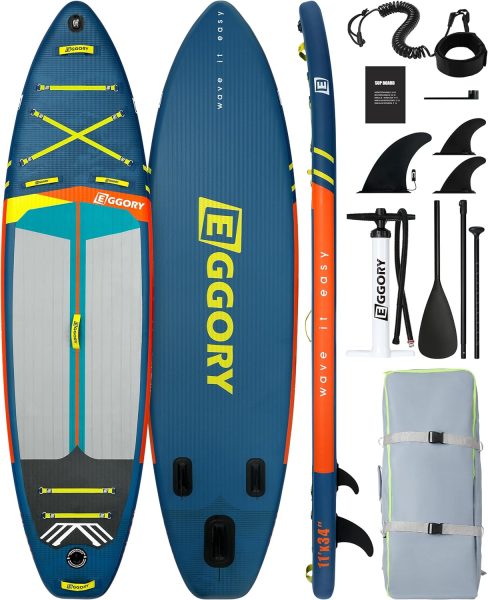 EGGORY Inflatable Paddle Board, 11x32/34 Stand Up Paddle Board, Sup Board with Removable Fin, Floating Paddle, Hand Pump, Waterproof Bag, Traveling Board