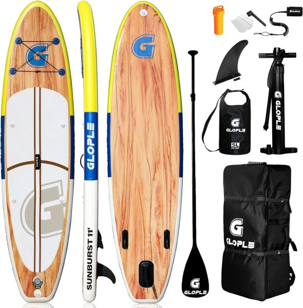 GLOPLE Inflatable Stand Up Paddle Board, 106/11 SUP W/Accessories Backpack, Adj Paddle, Double Action Pump, Waterproof Bag, Leash, Non-Slip Deck Beginner/Intermediate ISUP for Adults  Youth