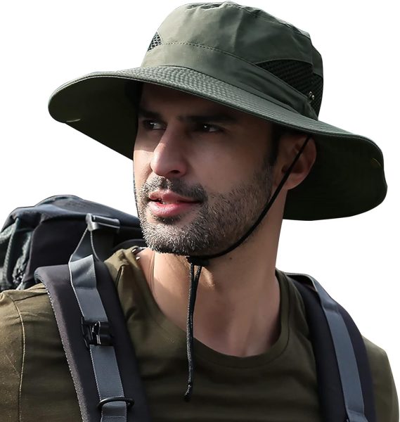 Mens Sun Hat Outdoor UPF50+ Mesh Wide Brim Bucket Safari Cap Foldable Waterproof Boonie Fishing Hats