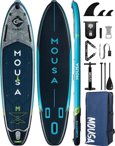 MOUSA 116/11×34 Extra Wide Inflatable Stand Up Paddle Board, Stable Long SUP for 2 People/Family, Shoulder Strap, 5 Handles, 100L Backpack, All-Round Sup Board, 3 Removeable Fin