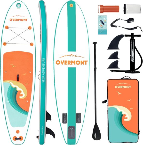 Overmont SUP Inflatable Stand Up Paddleboard Non-Slip Lightweight  Foldable with Paddle Board Accessories Including Adjustable SUP Manual Pump Removable Fin Surfing Leash Waterproof Bag Backpack