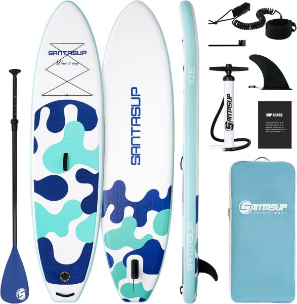 Santasup Inflatable Stand Up Paddle Board with SUP Accessories, Sup Paddle, Wide Stance, Double Action Hand Pump, Non- Slip Deck, Travel Backpack, Lightweight Stable, Fishing Yoga for Adult