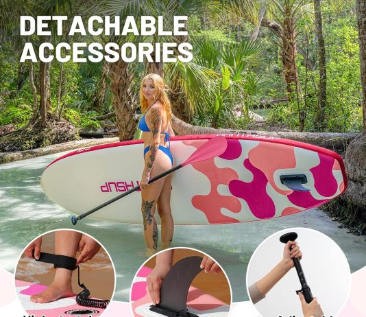 santasup inflatable stand up paddle board with sup accessories sup paddle wide stance double action hand pump non slip d 7