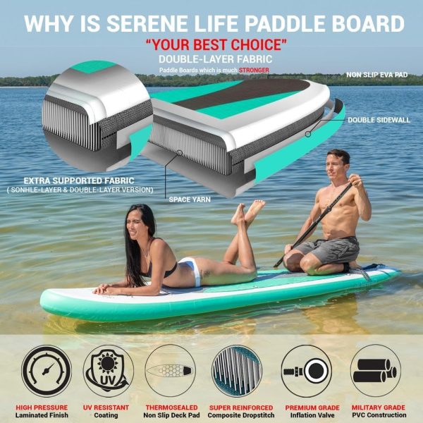 SereneLife Inflatable Stand Up Paddle Board (6 Inches Thick) with Premium SUP Accessories  Carry Bag | Wide Stance, Bottom Fin for Paddling, Surf Control, Non-Slip Deck | Youth  Adult Standing Boat