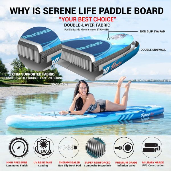 SereneLife Stand Up Paddle Board Inflatable  - 10 Ft. Standup SUP Paddle Board w/Oar, Manual Air Pump, Safety Leash, Paddleboard Repair Kit, Waterproof Mobile Phone Case, Storage/Carry Bag