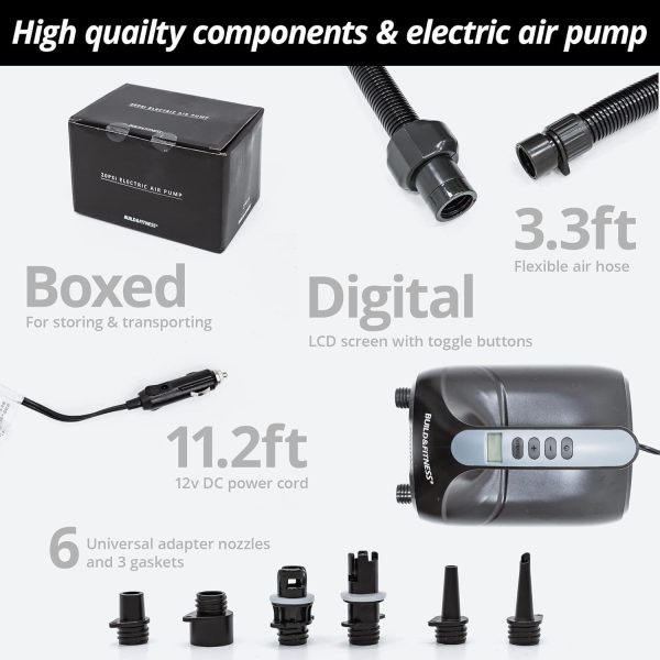 SUP Electric Air Pump with Inflation Deflation Ports, up to 20psi High Pressure, 12V DC Plug, for Inflatable Stand Up Paddle Boards, Boats, Tents, Air Beds, Kayaks