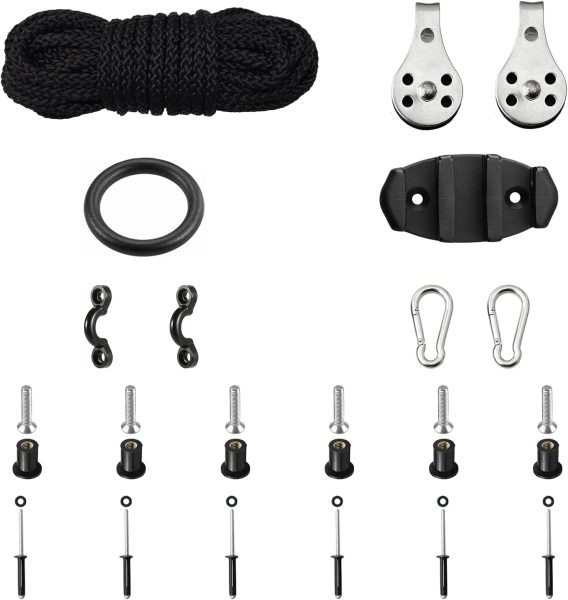 Kayak Canoe Boat Anchor Trolley Kit,Anchor Trolley System for Kayak Accessories with Pad Eyes,6PCS Tri-Grip Rivet/Neoprene Well Nut Kit,32.8FT Anchor Rorp,Zig Zag Cleat,Pulley,Rigging Ring