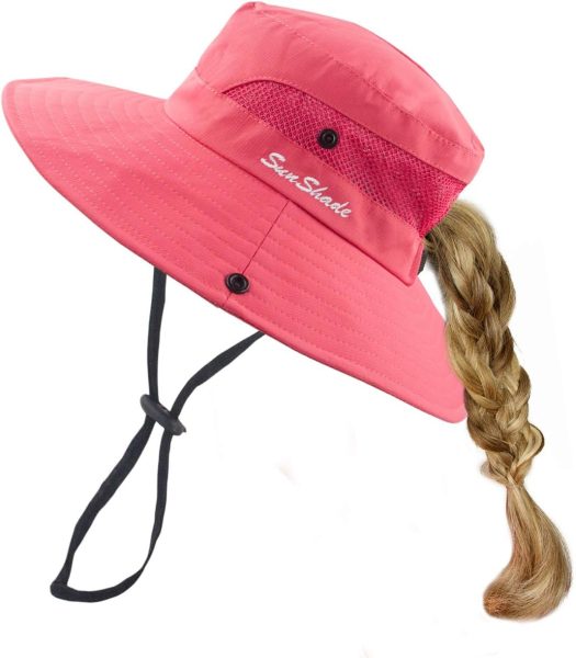 Kids Girls Sun Hat UV Protection Wide Brim Beach Cap with Ponytail Hole