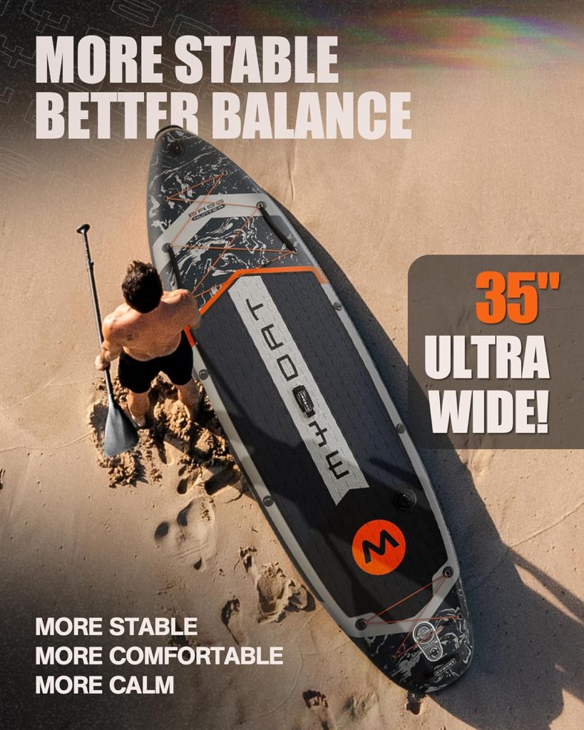 116×34×6 Extra Wide Inflatable Paddle Board, Stand Up Paddle Board for Fishing, Sup Board with 3 Removable Fins, Dual Bungees, Camera Mount, Hand Pump, Strong Paddle, 5L Dry Bag, Leash