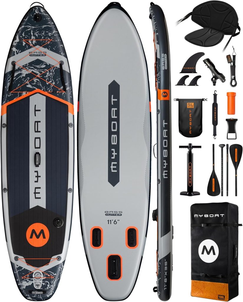 116×34×6 Extra Wide Inflatable Paddle Board, Stand Up Paddle Board for Fishing, Sup Board with 3 Removable Fins, Dual Bungees, Camera Mount, Hand Pump, Strong Paddle, 5L Dry Bag, Leash