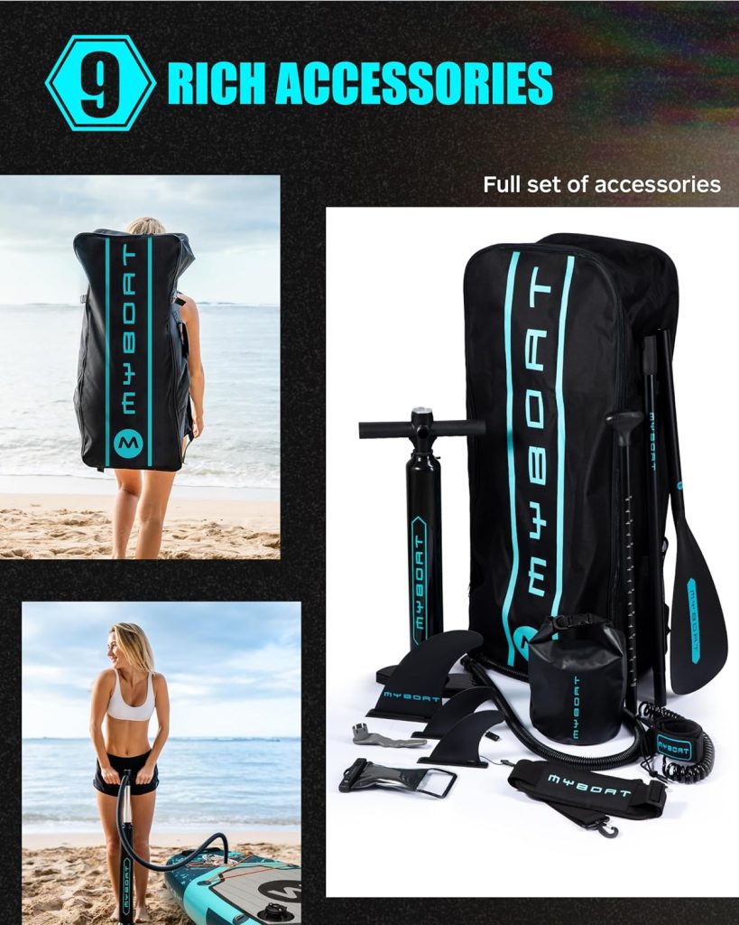 116×34×6 Extra Wide Inflatable Paddle Board, Stand Up Paddle Board for Fishing, Sup Board with 3 Removable Fins, Dual Bungees, Camera Mount, Hand Pump, Strong Paddle, 5L Dry Bag, Leash