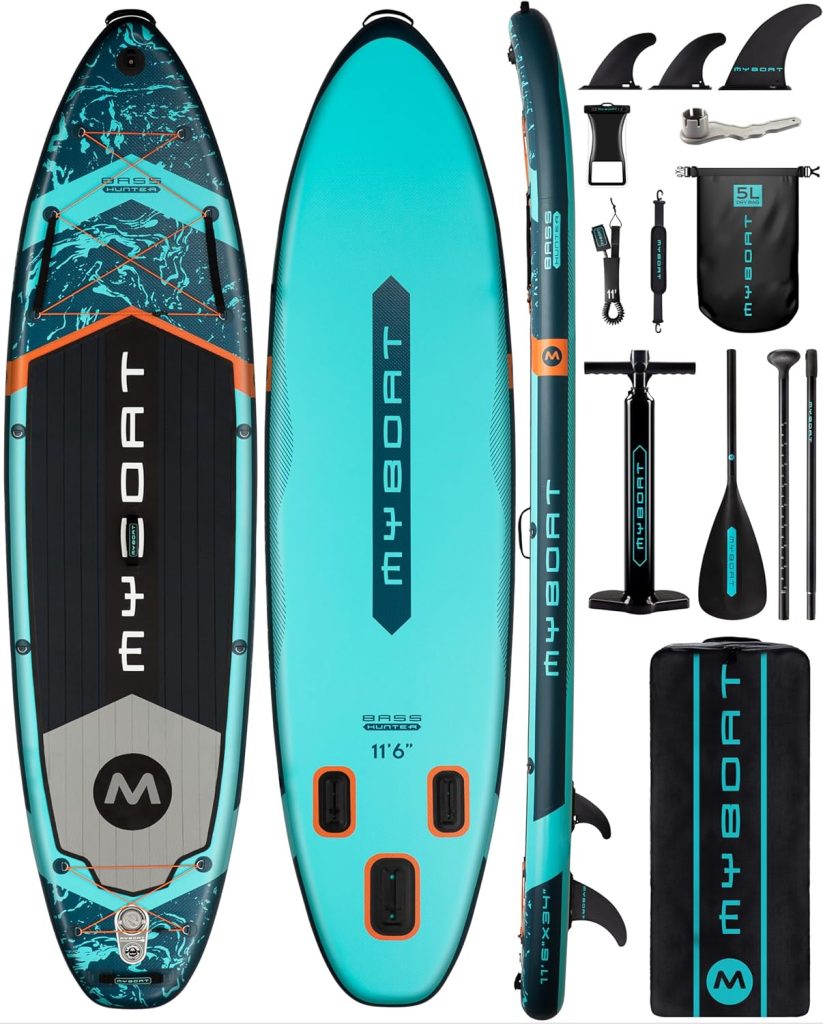 116×34×6 Extra Wide Inflatable Paddle Board, Stand Up Paddle Board for Fishing, Sup Board with 3 Removable Fins, Dual Bungees, Camera Mount, Hand Pump, Strong Paddle, 5L Dry Bag, Leash