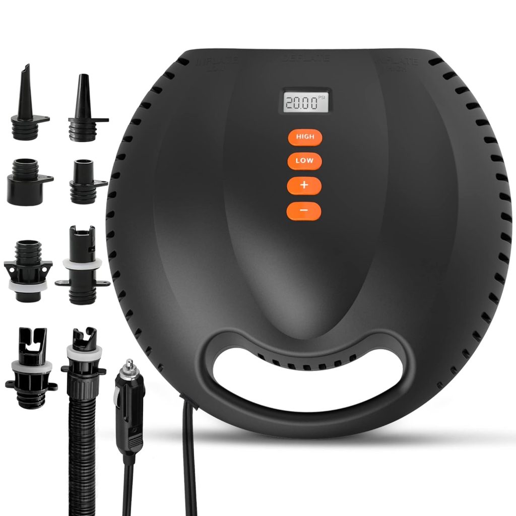 20PSI High Pressure Paddle Board Electric Air Pump, Portable ISUP 3In1 Pump with Auto-Off, Deflation Function and 12V DC Car Cigarette Lighter for Inflatable Kayak, Tent, Boat, Mattress