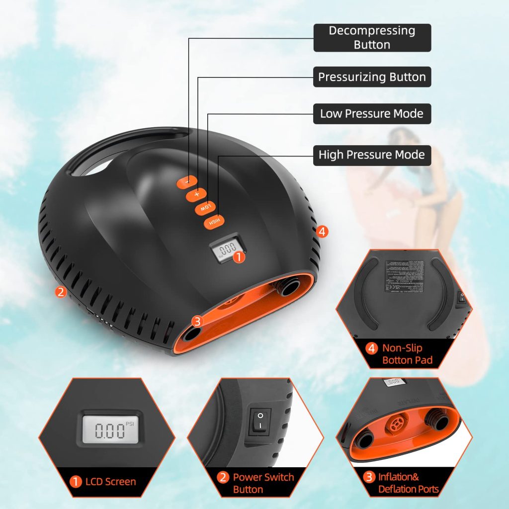 20PSI High Pressure Paddle Board Electric Air Pump, Portable ISUP 3In1 Pump with Auto-Off, Deflation Function and 12V DC Car Cigarette Lighter for Inflatable Kayak, Tent, Boat, Mattress