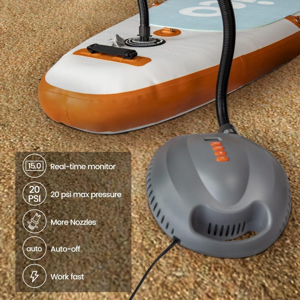 Tuomico 20PSI High Pressure SUP Electric Pump, Paddleboard Pump Electric Portable -Dual Stage Inflation  Deflation Air Compressor for Inflatable Stand Up Paddle Boards, Kayak, Boats, Tents