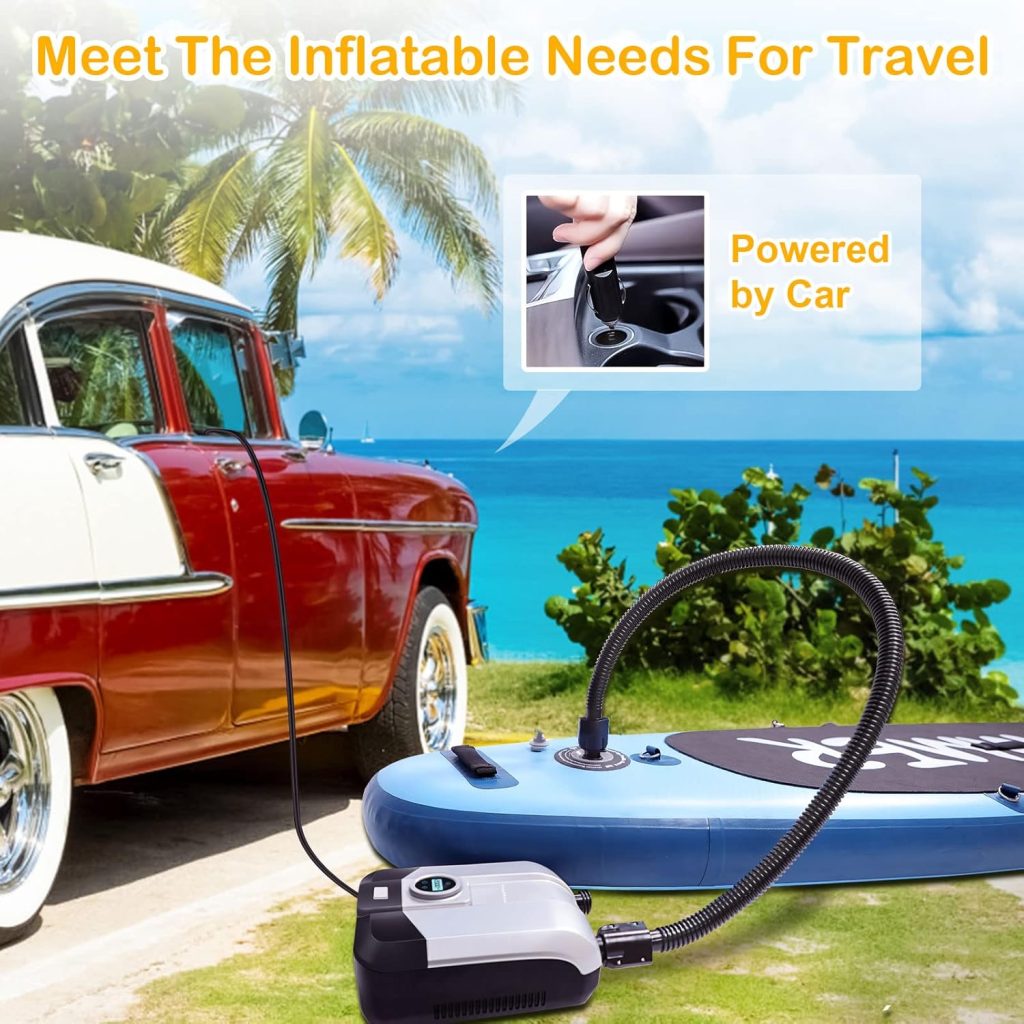 20PSI High Pressure SUP Air Pump Portable, Paddle Board Pump: Dual Stage Inflation  Auto Stop, 12V DC Car Connector, Pressure Preset, Boost Mode Electric Pump for Kayak, Tent, Boat, Ball
