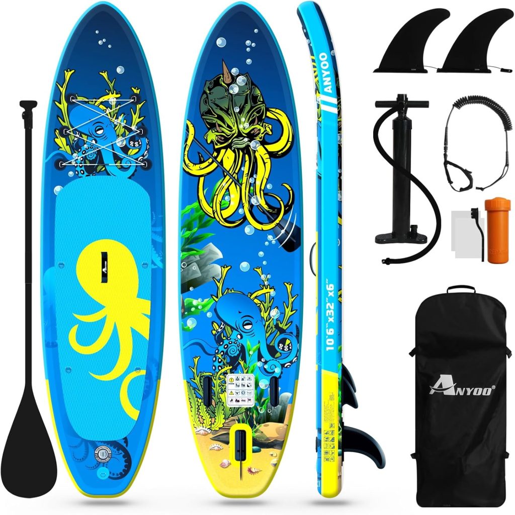 Anyoo Inflatable Stand Up Paddle Board 106×32×6 with SUP Paddle Board Accessories,2 Removable Center Fins,Adjustable Paddle, Non-Slip Deck,Dual Action Pump,Ankle Leash,Portable with A Carry Bag