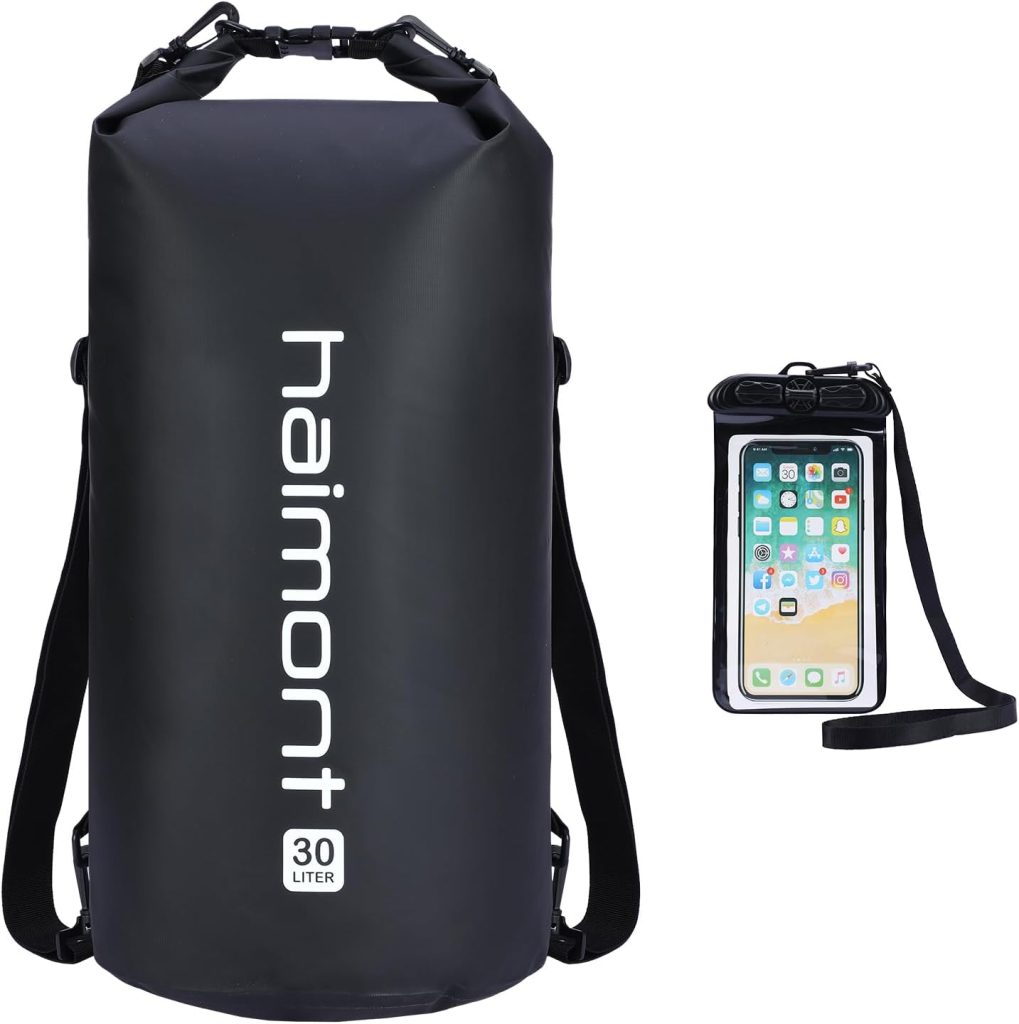 Haimont Waterproof Dry Bag Floating Dry Sack Roll Top Drybag Backpack for Kayaking, Rafting, Boating, Fishing with IPX8 Waterproof Phone Case, Black, 30L
