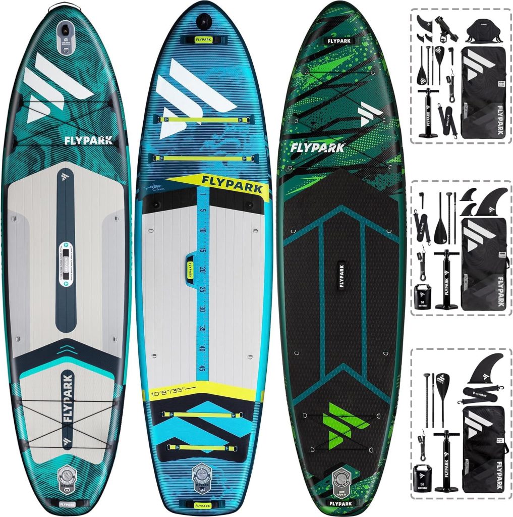 Flypark Fishing  Family  Standard Bundles｜34/35 Extra Wide Inflatable SUP, 108 Fishing Stand Up Paddle Board + 11 Family SUP Board+ 11 Thrive Couple SUP Board, Triple Accessories 116L Backpack