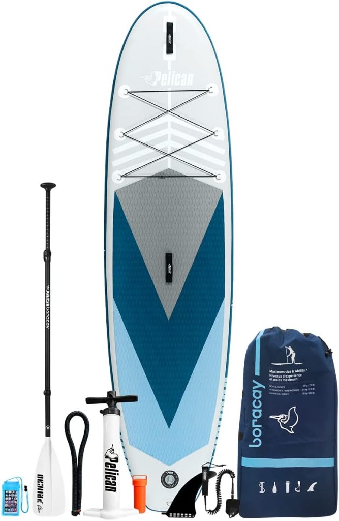 Pelican Boracay Premium Inflatable Stand Up Paddle Board - 3 Pieces SUP Paddle - Accessories, Leash, Hand Pump  Carry Bag - 10 ft