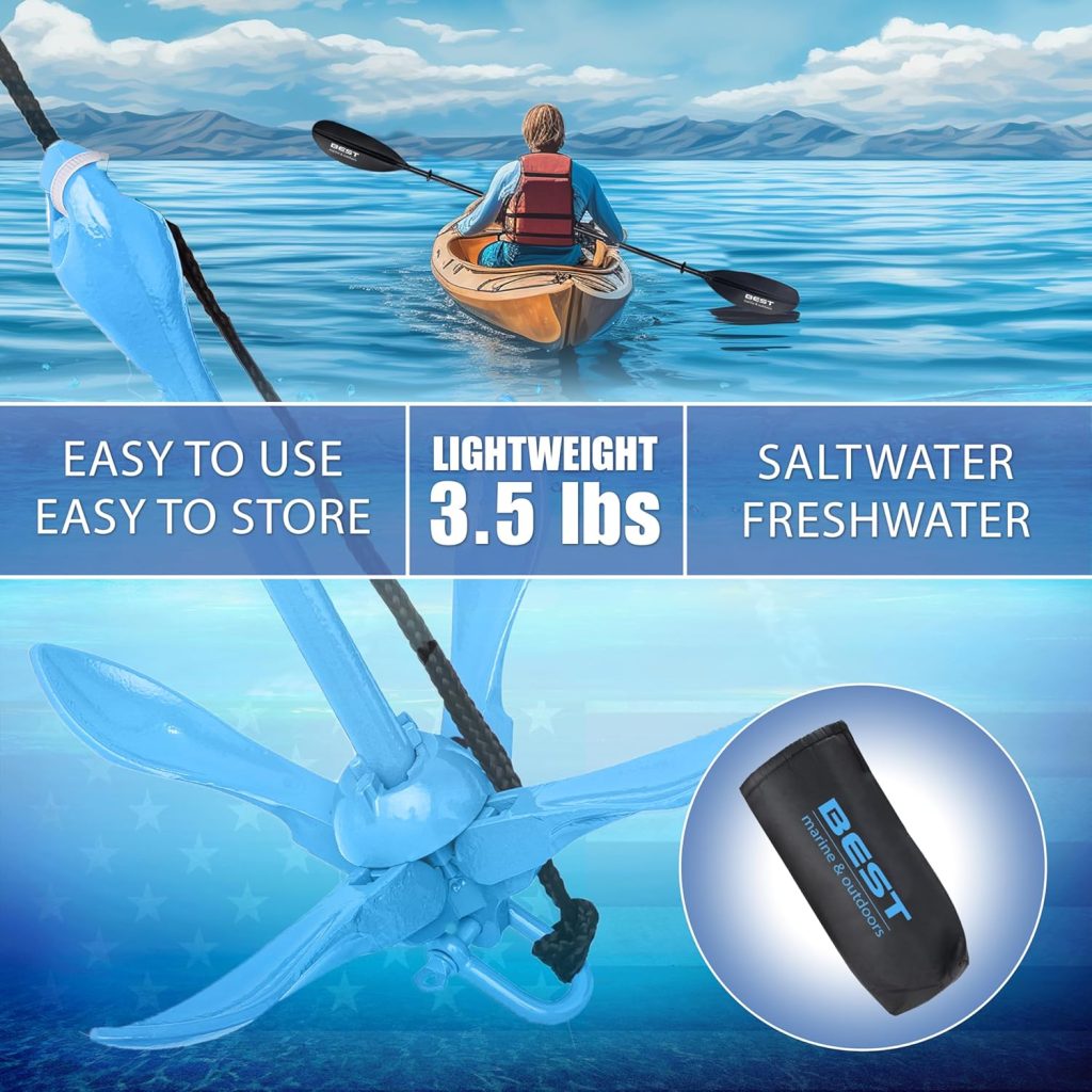 Best Marine and Outdoors Kayak Anchor, 3.5 Pound Anchor System Kit for Kayaks, Canoes, SUP Paddle Boards  Jet Skis, Fishing, Boating  Kayaking Accessories