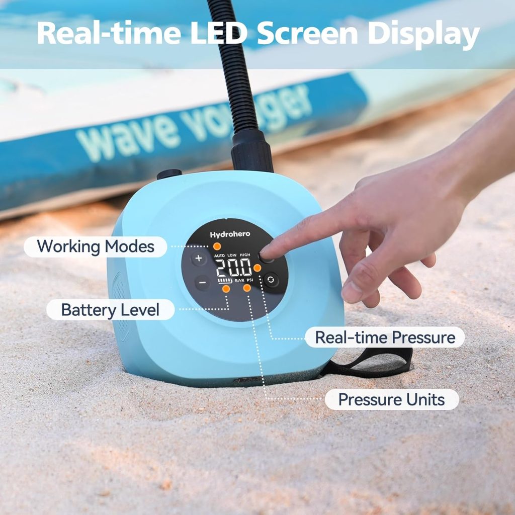 Hydrohero Electric Paddle Board Pump, Rechargeable 20PSI High Pressure SUP Pump, Intelligent Dual Stage Inflation Deflation, Auto-Off for Stand Up Paddle Boards, Surfing Kite, Tent, Boat Hydrohero Electric Paddle Board Pump, Rechargeable 20PSI High Pressure SUP Pump, Intelligent Dual Stage Inflation Deflation, Auto-Off for Stand Up Paddle Boards, Surfing Kite, Tent, Boat