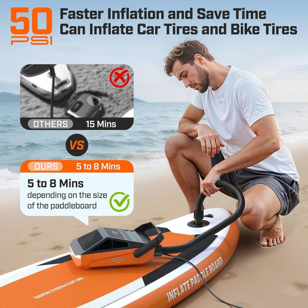 50PSI Paddle Board Pump Electric Portable, SUP Pump for Paddleboard Car Tire with Auto-Off Deflation Function, 12V DC Car Connector for Stand Up Paddle Boards Kayaks Boats Mattresses Auto Tyre Bike 50PSI Paddle Board Pump Electric Portable, SUP Pump for Paddleboard Car Tire with Auto-Off Deflation Function, 12V DC Car Connector for Stand Up Paddle Boards Kayaks Boats Mattresses Auto Tyre Bike