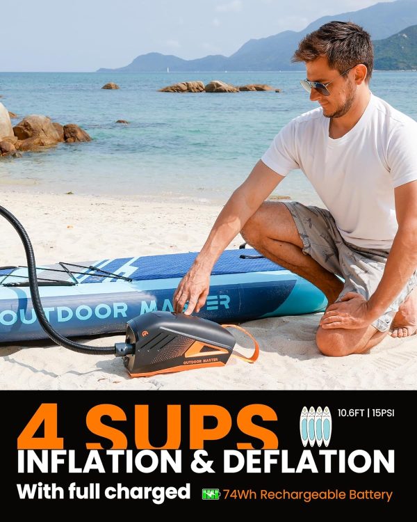 OutdoorMaster Shark 3 Pompe à Air Électrique, 3'50 Inflation Rapide, 20 PSI Pompe Sup Rechargeable 74 Wh, Arrêt Automatique et Déflation, Entrée 12V/15,8V DC et Type-C, 8 Embouts pour Gonflables