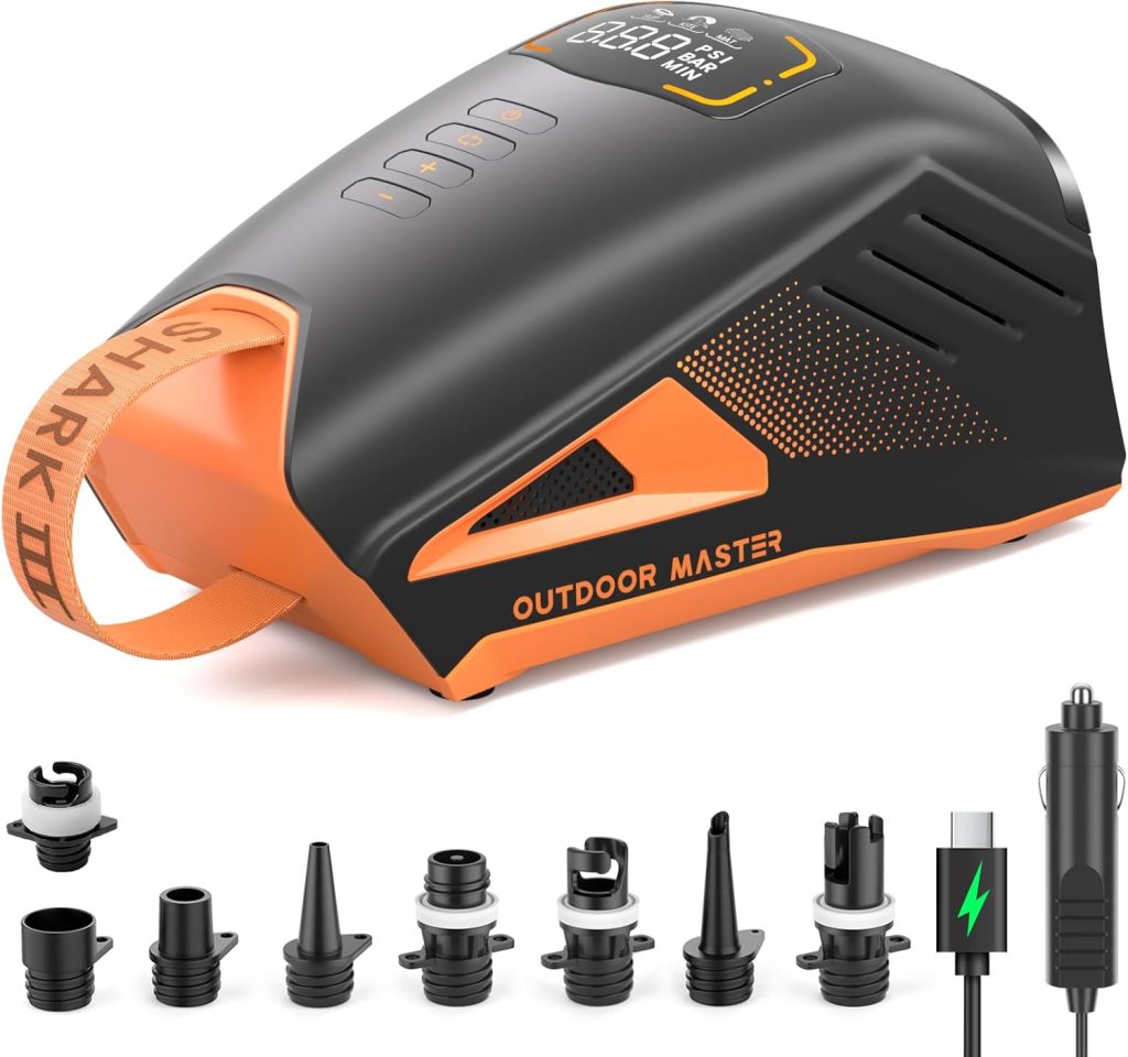 OutdoorMaster Shark 3 Paddle Board Pump Electric - 350 Fast Inflation, 20PSI 74Wh Rechargeable SUP Air Pump- Auto-Off Deflation, 12V/15.8V DC Type-C Input, 8 Nozzles for Inflatables, Boats,Kites OutdoorMaster Shark 3 Paddle Board Pump Electric - 350 Fast Inflation, 20PSI 74Wh Rechargeable SUP Air Pump- Auto-Off Deflation, 12V/15.8V DC Type-C Input, 8 Nozzles for Inflatables, Boats,Kites