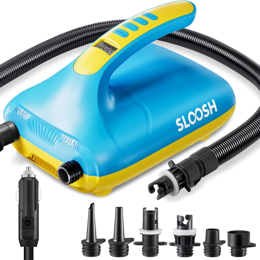 Sloosh Electric Paddle Board Pump, 20 PSI High-Pressure Dual-Stage Inflation SUP Air Pump with Auto-Off Function, 12V DC Car Connector for Inflatable Paddle Boards, Kayaks, Boats, and Air Mattresses Sloosh Electric Paddle Board Pump, 20 PSI High-Pressure Dual-Stage Inflation SUP Air Pump with Auto-Off Function, 12V DC Car Connector for Inflatable Paddle Boards, Kayaks, Boats, and Air Mattresses