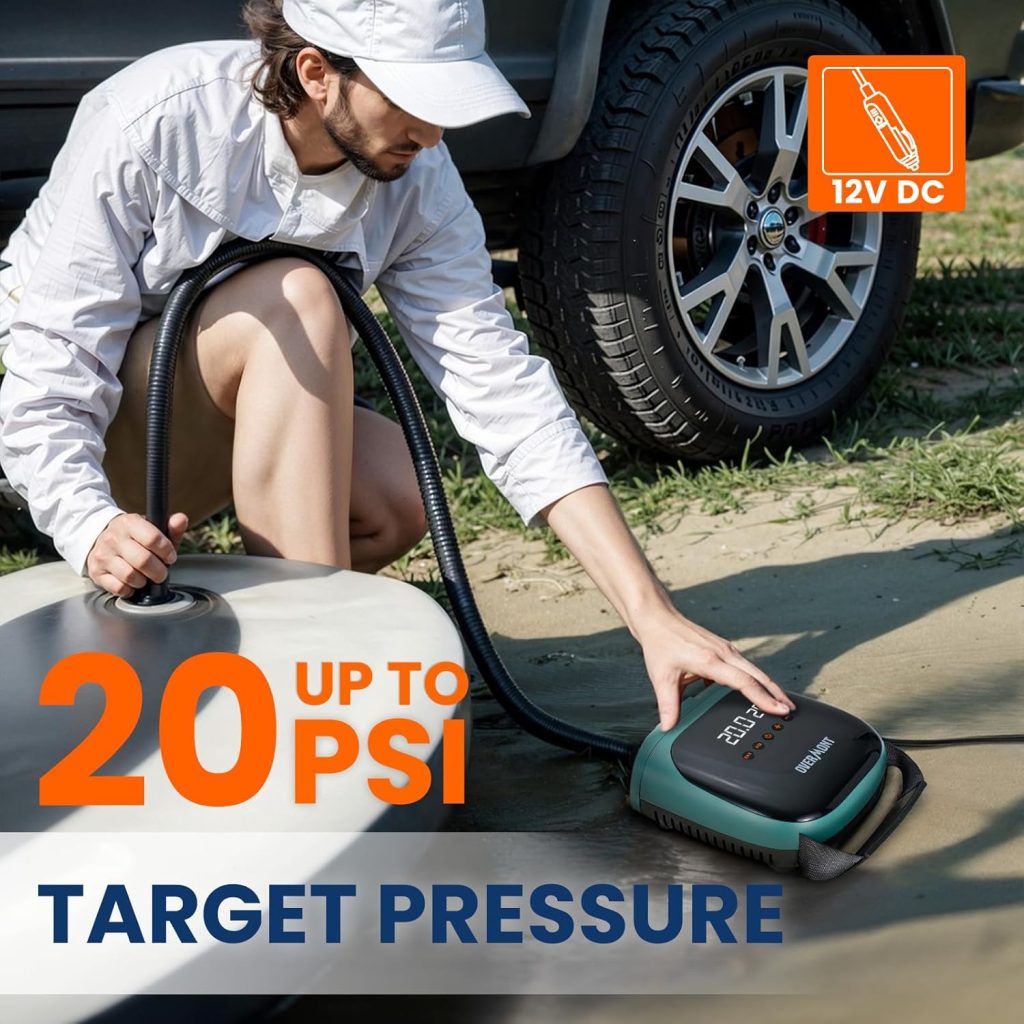 Overmont Paddle Board Pump Electric Portable, 20PSI SUP Air Pump with Auto-Off, Fast Dual Stage Inflation Deflation, LCD Display, 12V Car Adapter for Inflatables, Kayaks, Boats, Tents Overmont Paddle Board Pump Electric Portable, 20PSI SUP Air Pump with Auto-Off, Fast Dual Stage Inflation Deflation, LCD Display, 12V Car Adapter for Inflatables, Kayaks, Boats, Tents