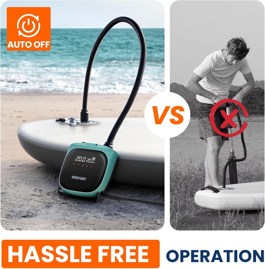 Overmont Paddle Board Pump Electric Portable, 20PSI SUP Air Pump with Auto-Off, Fast Dual Stage Inflation Deflation, LCD Display, 12V Car Adapter for Inflatables, Kayaks, Boats, Tents Overmont Paddle Board Pump Electric Portable, 20PSI SUP Air Pump with Auto-Off, Fast Dual Stage Inflation Deflation, LCD Display, 12V Car Adapter for Inflatables, Kayaks, Boats, Tents