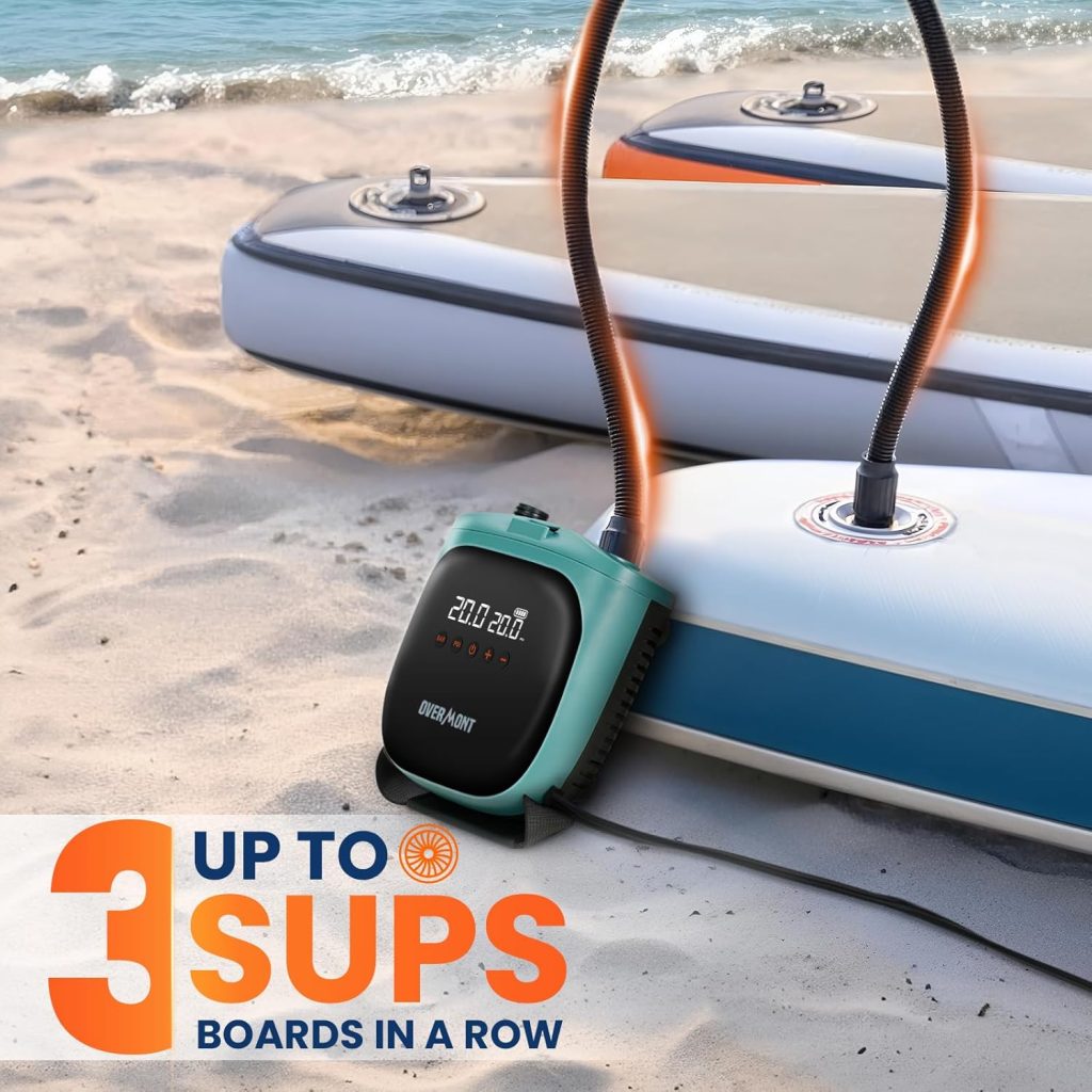 Overmont Paddle Board Pump Electric Portable, 20PSI SUP Air Pump with Auto-Off, Fast Dual Stage Inflation Deflation, LCD Display, 12V Car Adapter for Inflatables, Kayaks, Boats, Tents Overmont Paddle Board Pump Electric Portable, 20PSI SUP Air Pump with Auto-Off, Fast Dual Stage Inflation Deflation, LCD Display, 12V Car Adapter for Inflatables, Kayaks, Boats, Tents