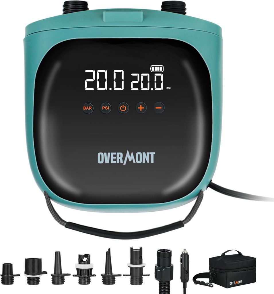 Overmont Paddle Board Pump Electric Portable, 20PSI SUP Air Pump with Auto-Off, Fast Dual Stage Inflation Deflation, LCD Display, 12V Car Adapter for Inflatables, Kayaks, Boats, Tents Overmont Paddle Board Pump Electric Portable, 20PSI SUP Air Pump with Auto-Off, Fast Dual Stage Inflation Deflation, LCD Display, 12V Car Adapter for Inflatables, Kayaks, Boats, Tents